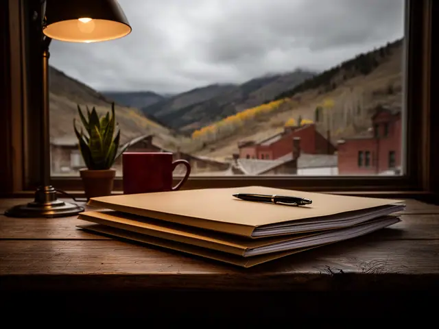 A neat stack of closed manila folders and a pen on a desk by a window.