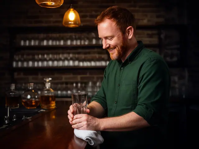 A bar owner polishing a glass behind a wooden bar.